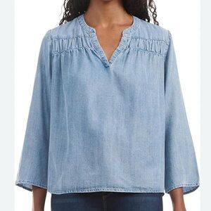 Splendid Chambray Peasant Blouse Light Blue Lyocell Lightweight 3/4 Sleeves XXL